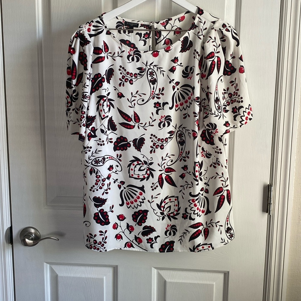 TALBOTS White Red Black Paisley Floral Print Keyhole Short Sleeve X Plus NWT